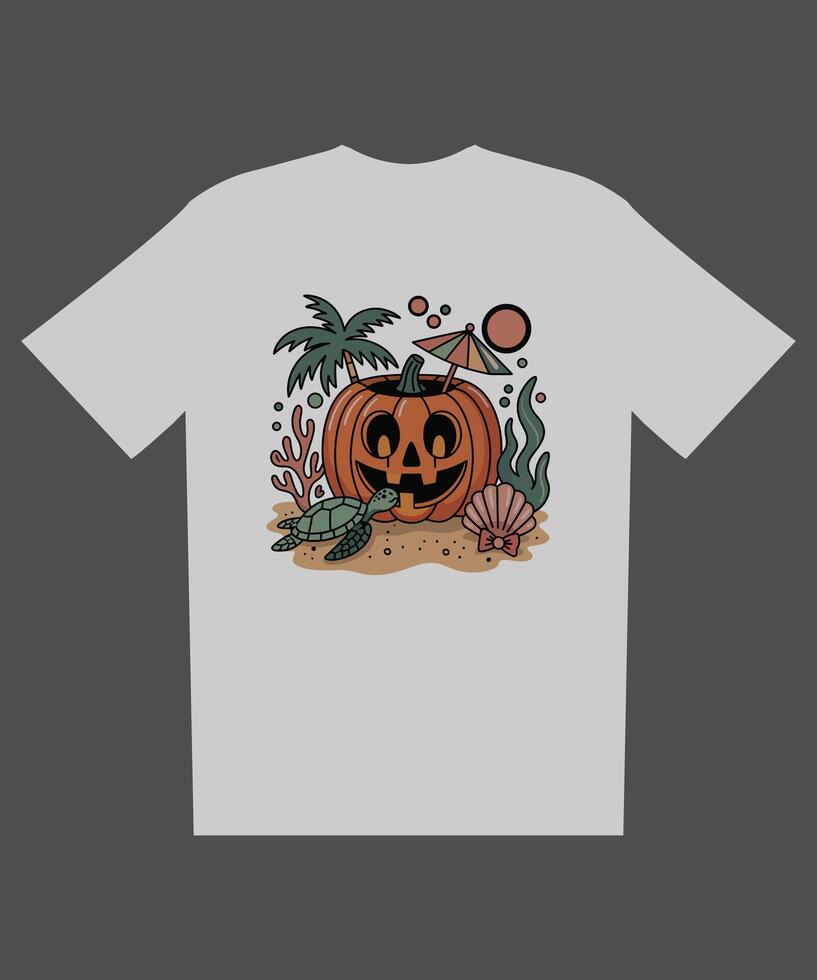 Tropical Halloween Pumpkin Cocktail Sea Turtle, Palm Tree, and Seashell Beach Scene Illustration vector