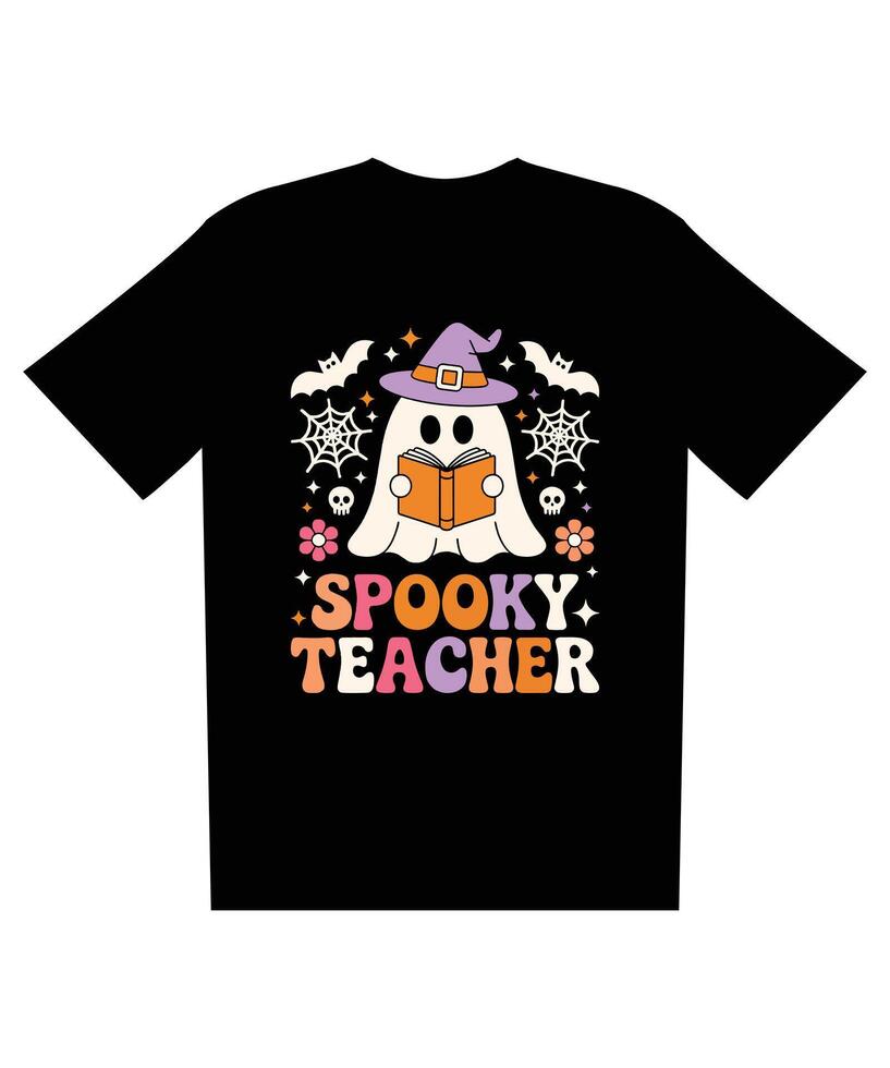 Cute Spooky Teacher Halloween T-Shirt Design Retro Ghost Reading Book vector