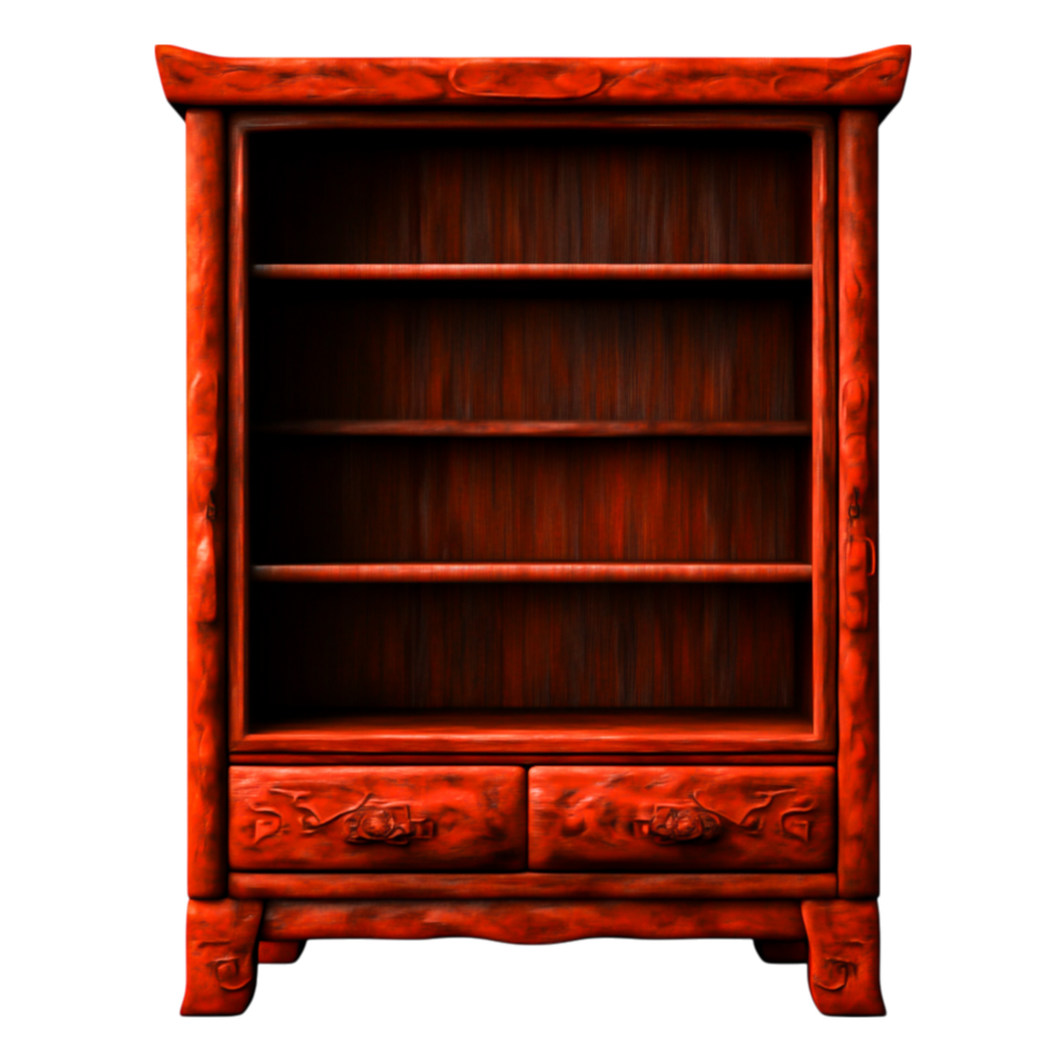Elegant Wooden Display Cabinet with Artistic Carvings and Rich Cherry Finish png