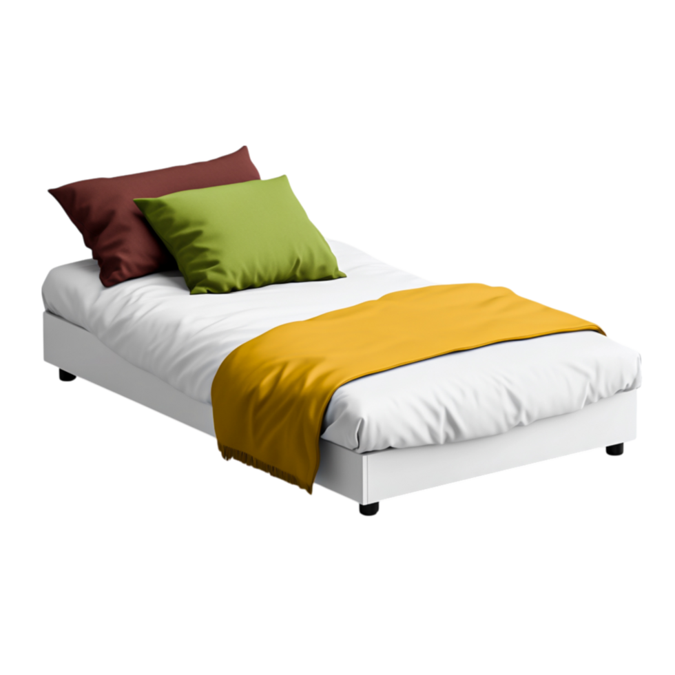 Modern Bed with Colorful Pillows and Cozy Blanket for Stylish Bedroom Design png