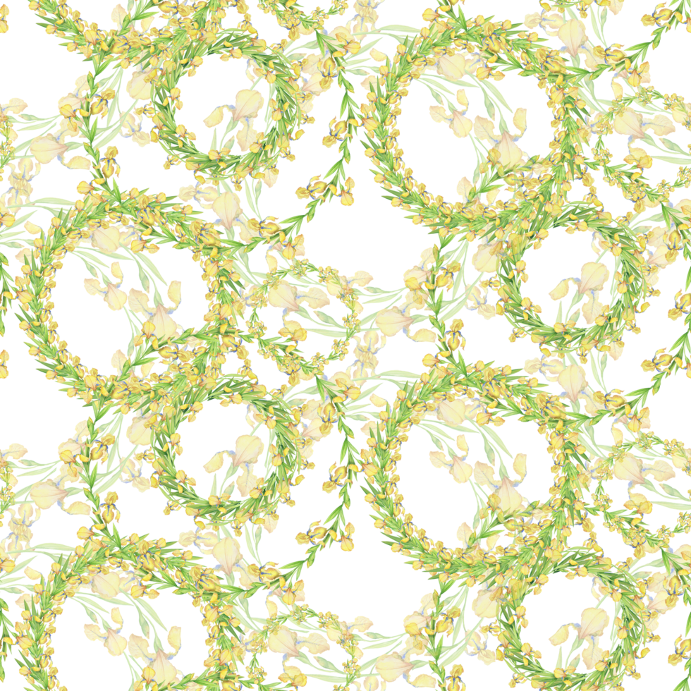 Watercolor seamless pattern of yellow iris wreaths, delicate floral design with hand-painted flowers and leaves, perfect for background png
