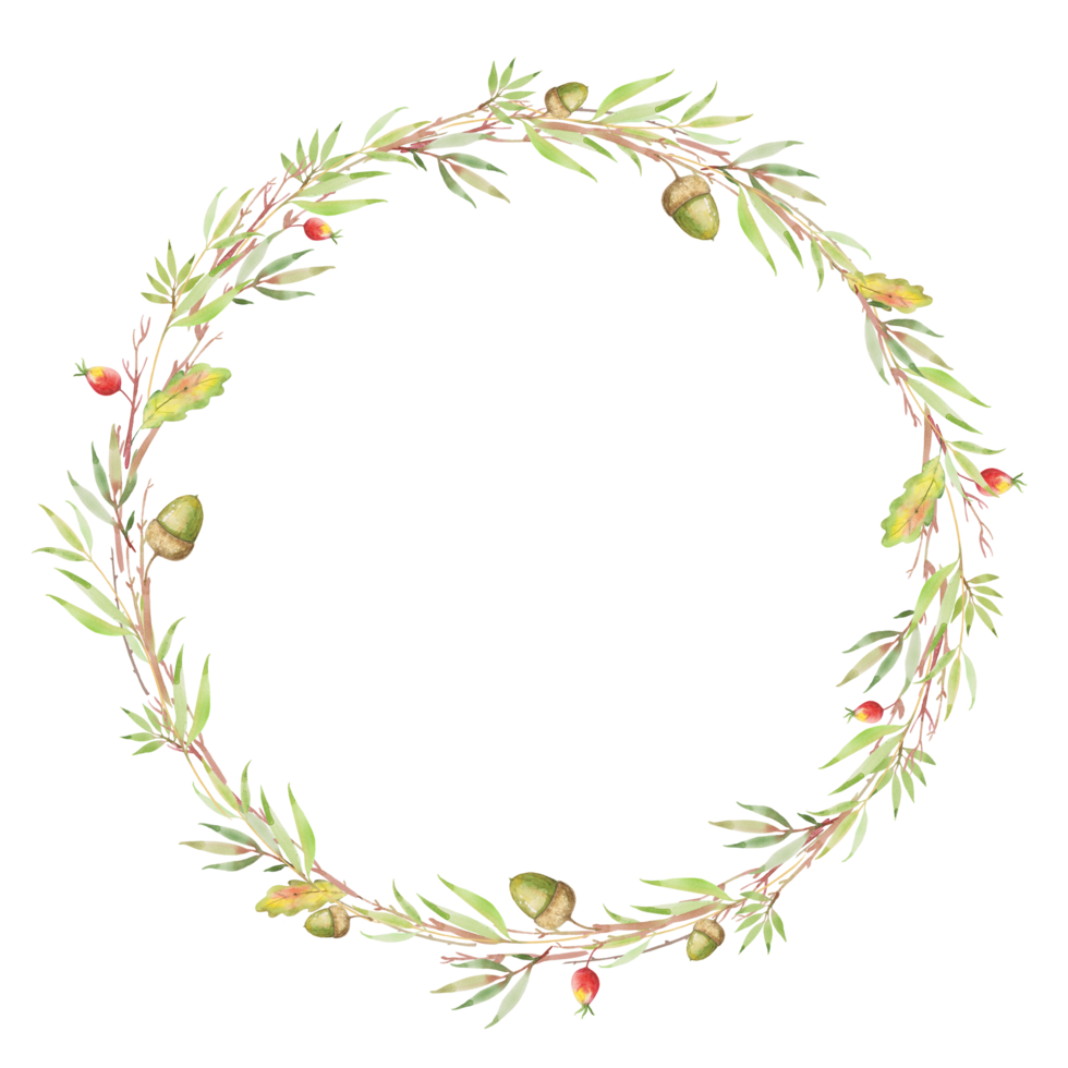 Watercolor autumn wreath with leaves and acorns png