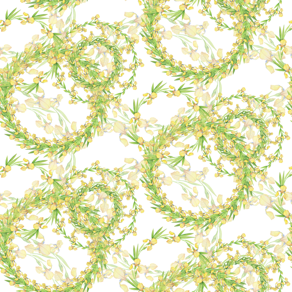 Watercolor seamless pattern of yellow iris wreaths, delicate floral design with hand-painted flowers and leaves, perfect for backgrounds, textiles, and stationery. png