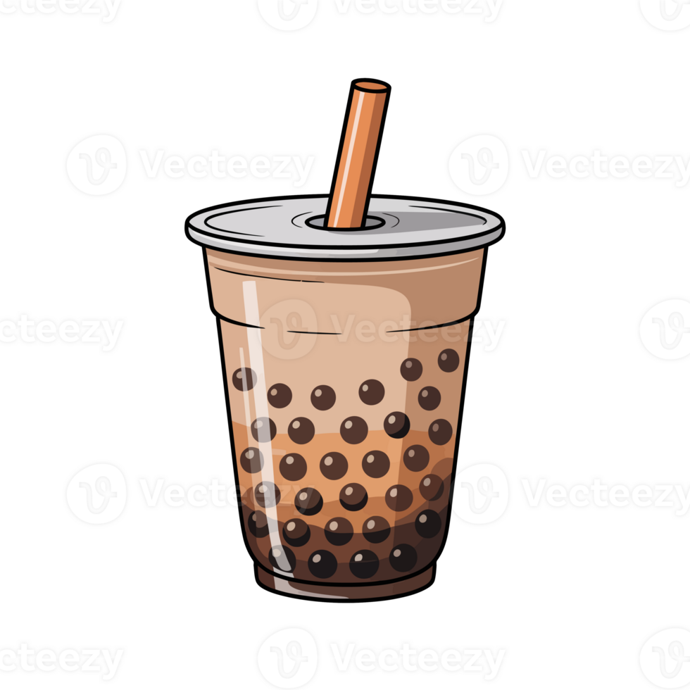 A cup filled with bubble tea features a sealed lid and a wide straw for easy sipping png