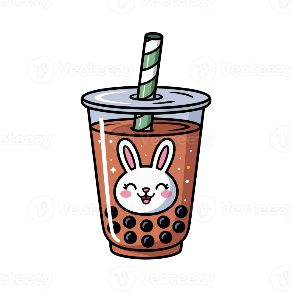 A cute cartoon cup of bubble tea features a smiling rabbit design on the front and is topped with a green striped straw png