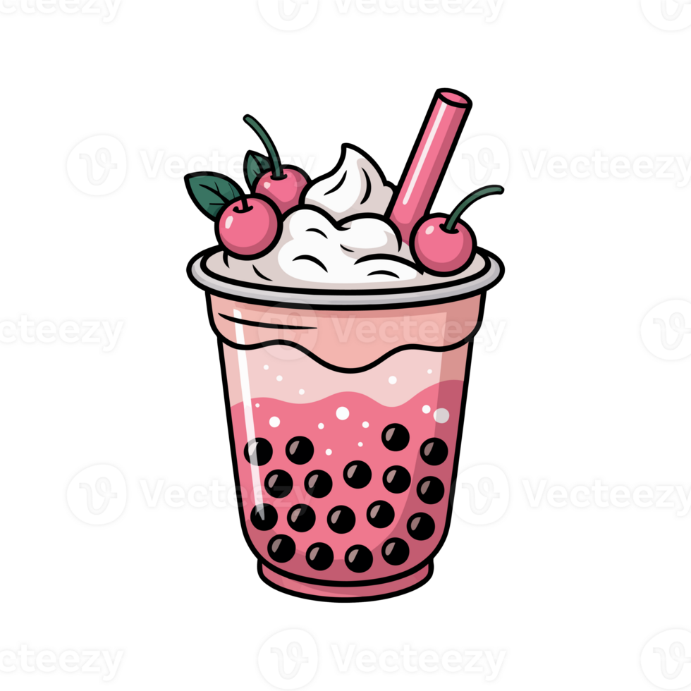 A delightful pink bubble tea features creamy whipped topping, adorned with cherries and a straw png