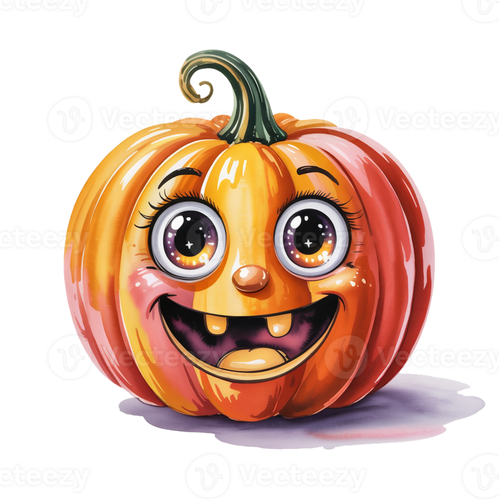 A happy pumpkin with large, sparkling eyes and a wide smile is depicted, giving it a friendly and whimsical appearance. png