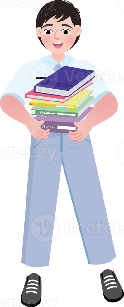 Schoolboy Carrying Heavy Stack of Books with Effort png