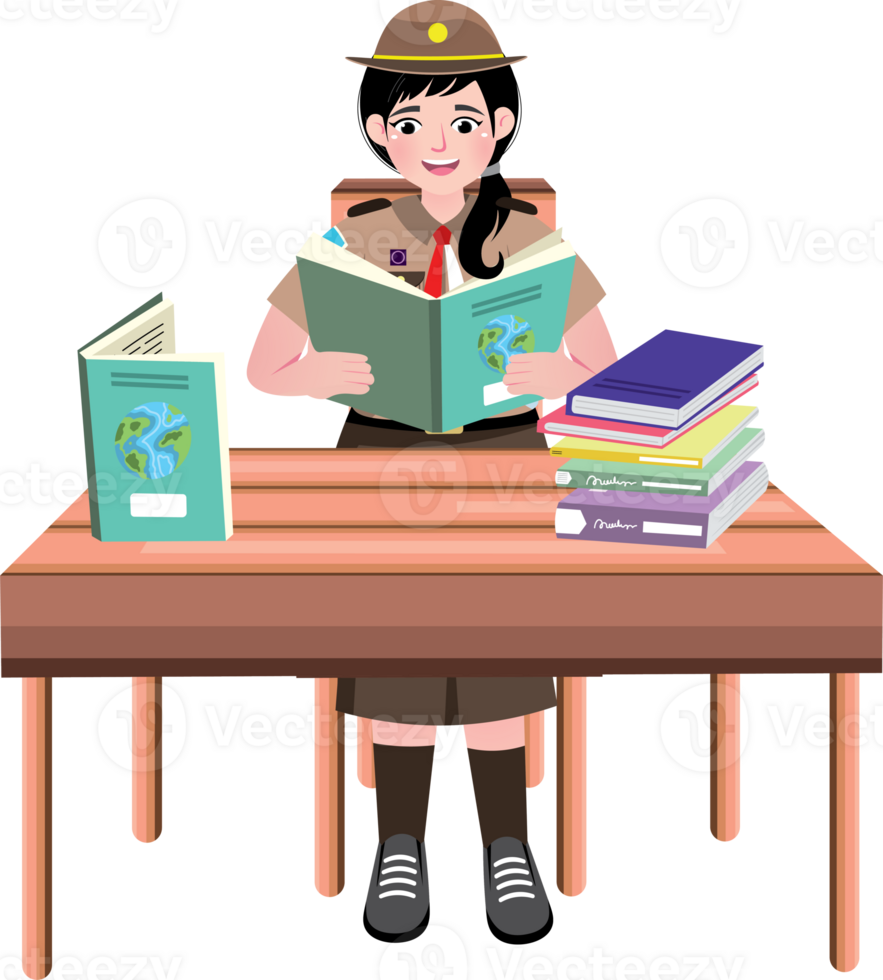 Scout Girl Reading a Book in Classroom Quietly png