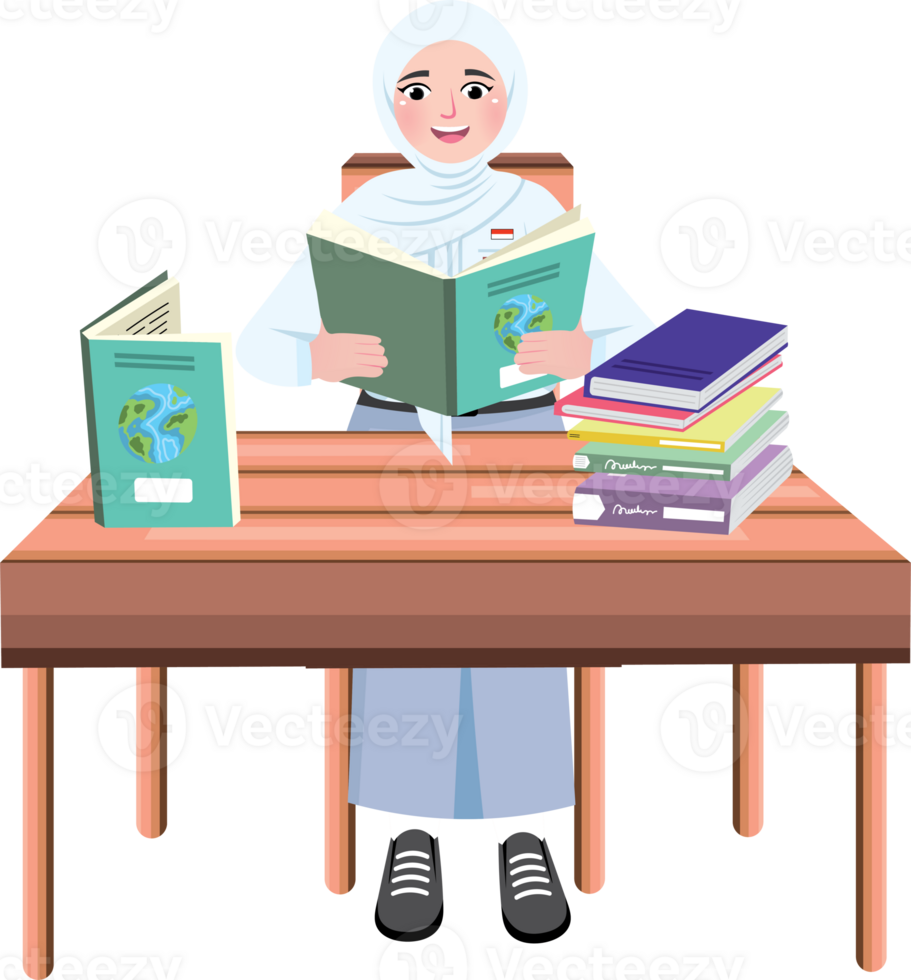 Serious Student Girl Immersed in Reading Time png