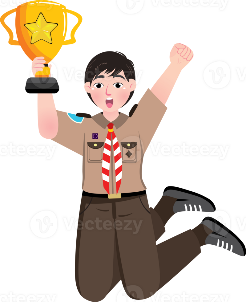 Scout Boy Celebrating Victory with a Trophy png