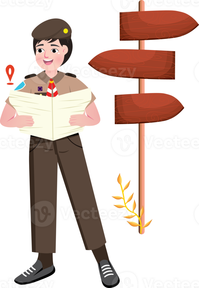 Scout Boy Reading Map for Outdoor Navigation png