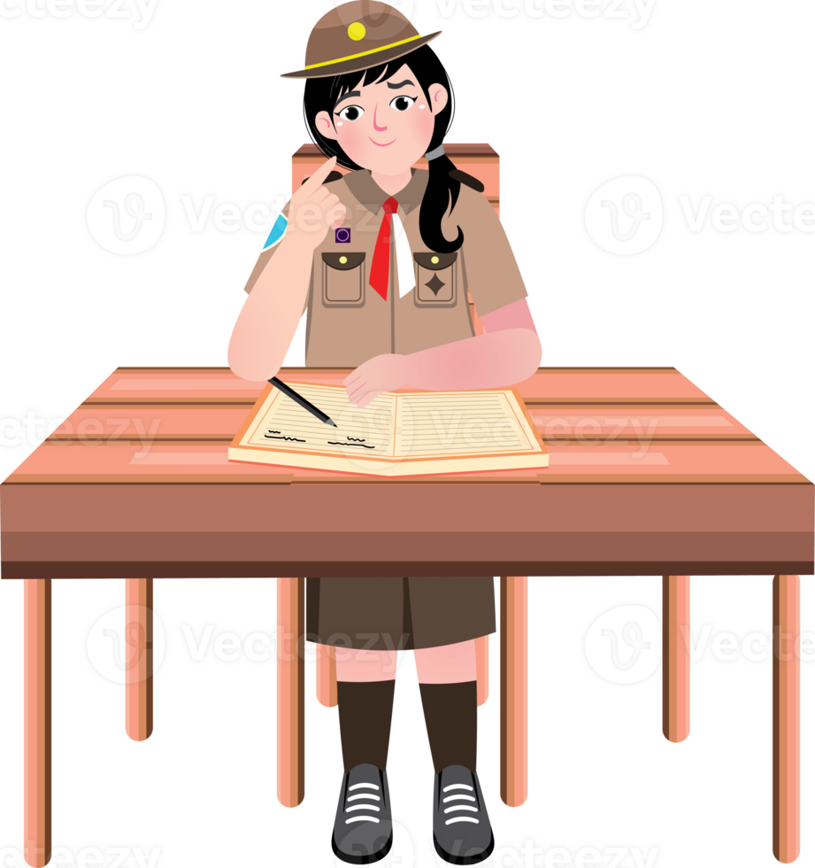 Scout Girl Deep in Thought at Her Desk png