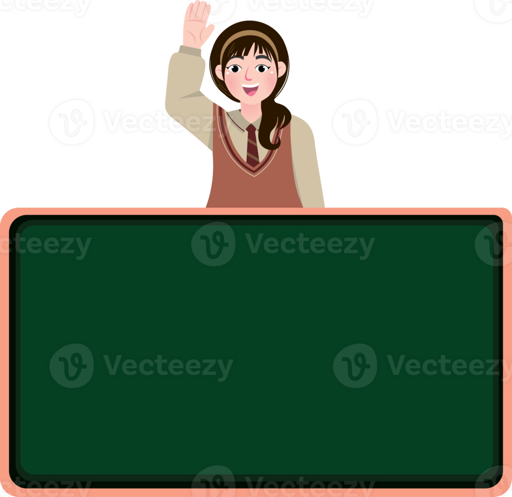 Korean Teen Girl in School Uniform Ready for Class with Blank Blackboard png