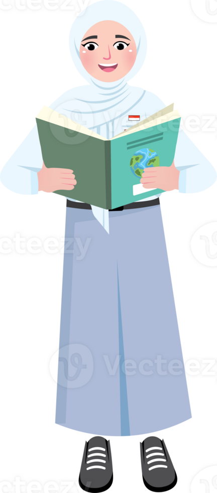 Focused Hijab Girl Reading a Book in Class png