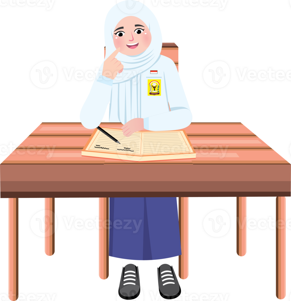 Hijab Girl Thinking During School Exam in Junior High Classroom png