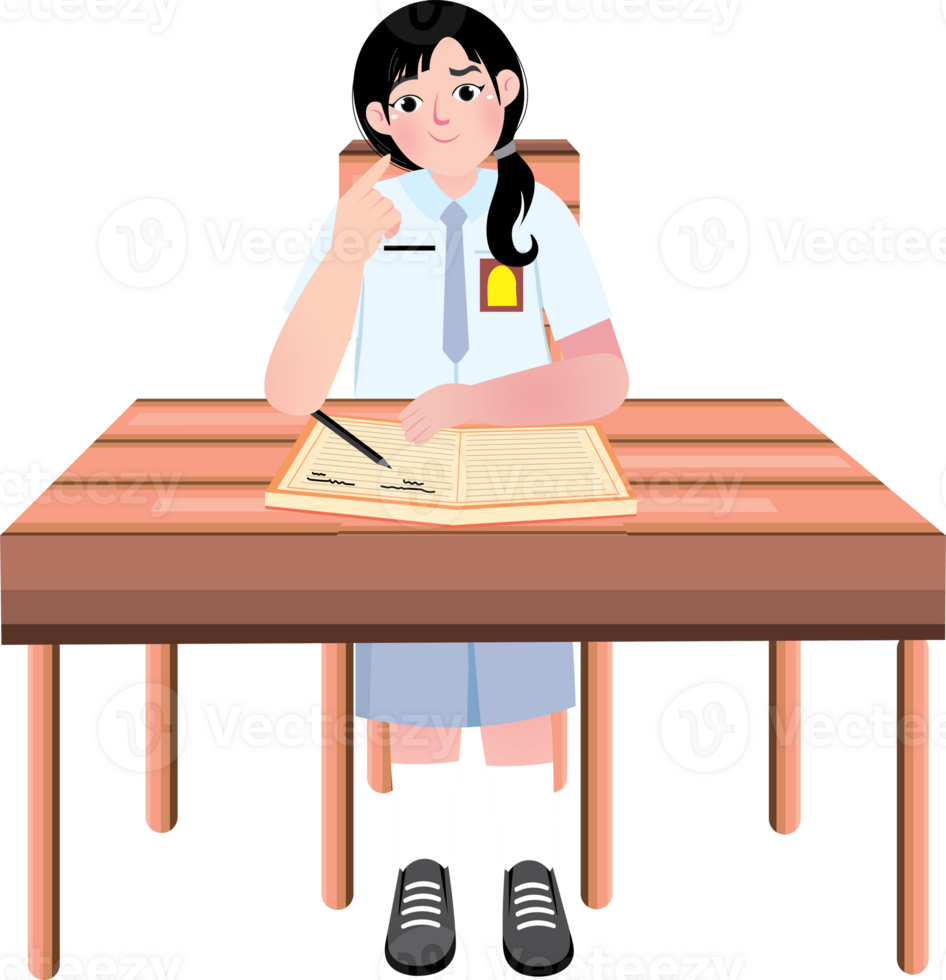 Focused Senior High School Girl Thinking at Her Desk png
