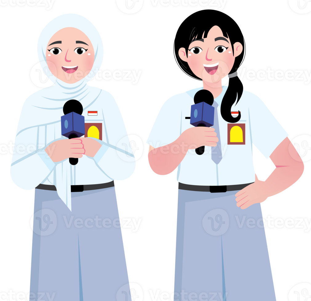 Two Schoolgirls Hosting a School Event on Stage with Microphones png