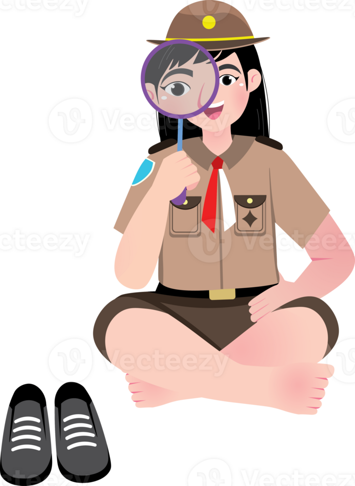 Scout Girl Exploring Nature with Magnifying Glass png