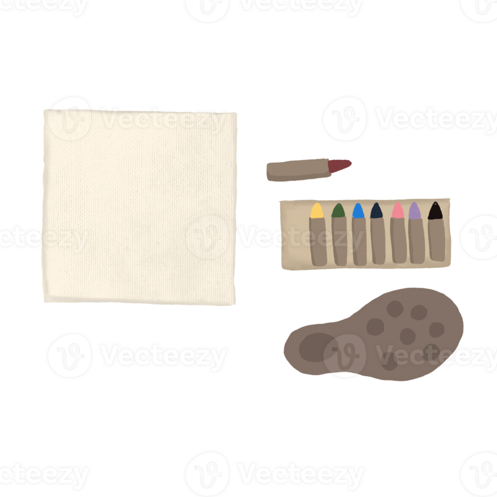 Hand Drawn Art Tools, Canvas, Crayons, and Paint Palette png