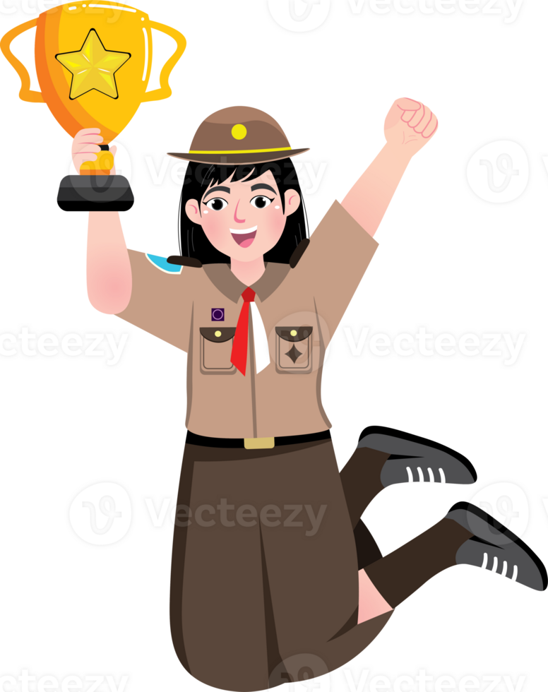 Excited Scout Student Smiling with Trophy in Hand png