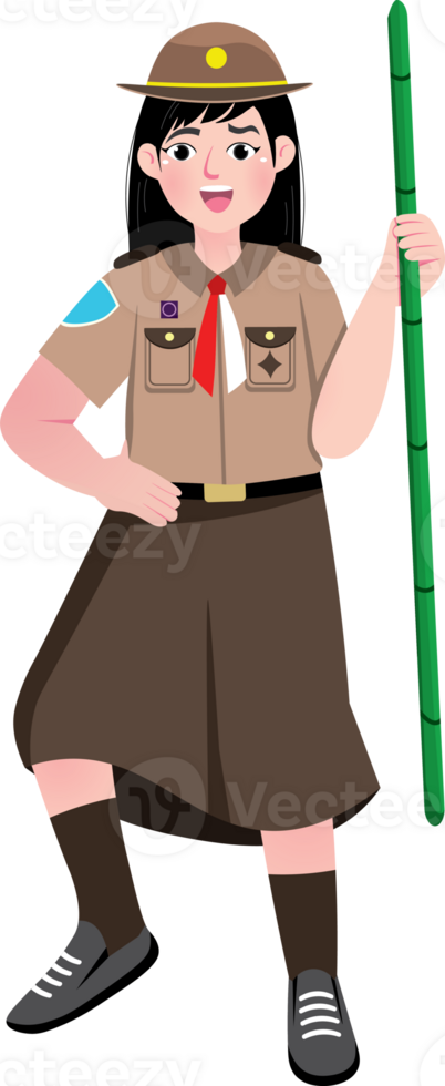 Teen Scout Girl Walking with Bamboo Pole Outdoors png