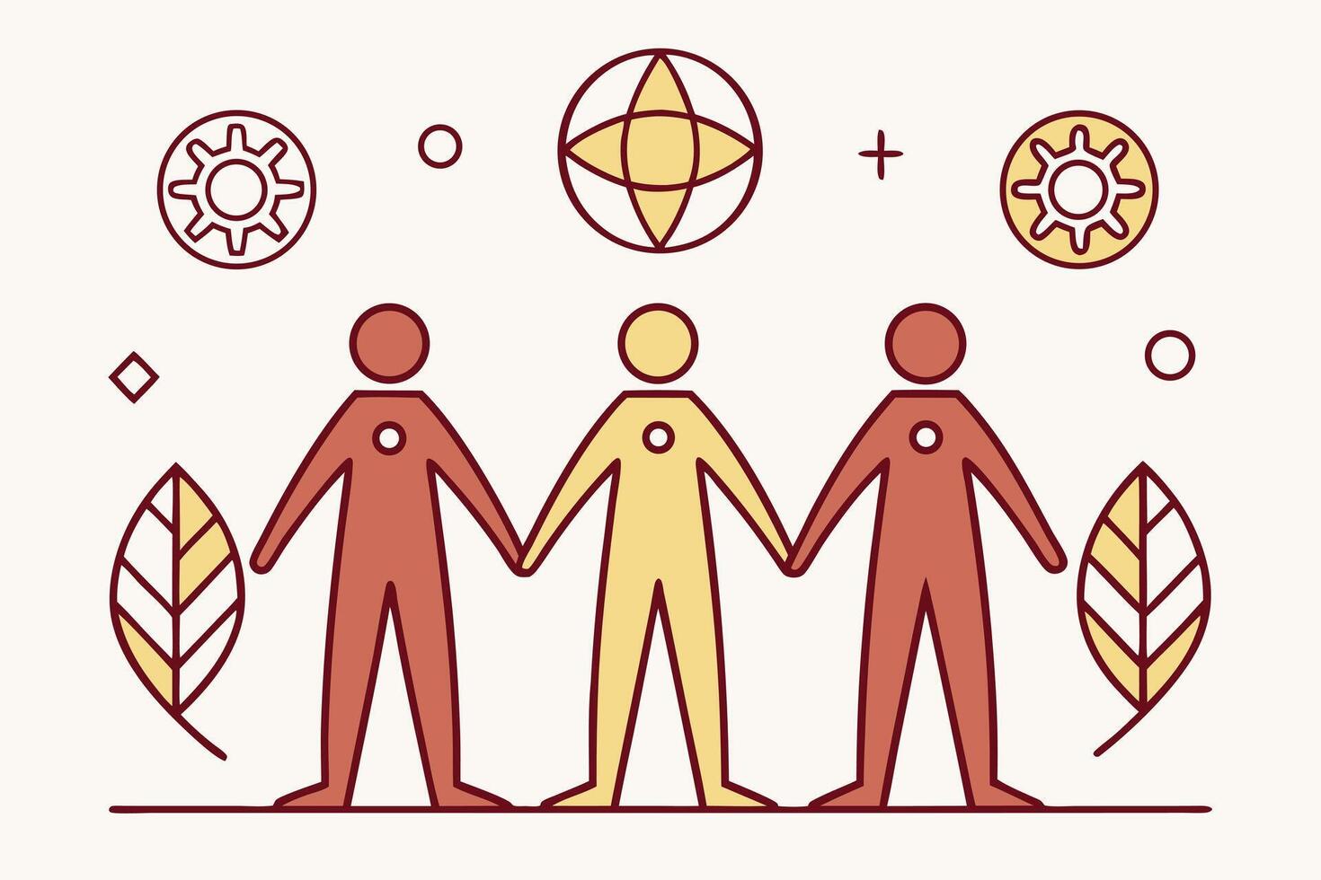 Three Figures Holding Hands with Symbolic Elements Illustration vector