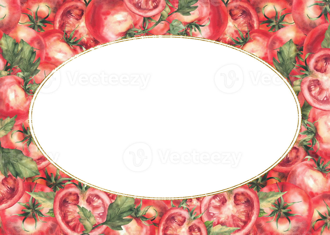 Tomatoes vegetables watercolor rectangular frame with oval gold framed text space. Whole and sliced red fruit with leaves. Realistic hand painted isolated template illustration for food label, card png