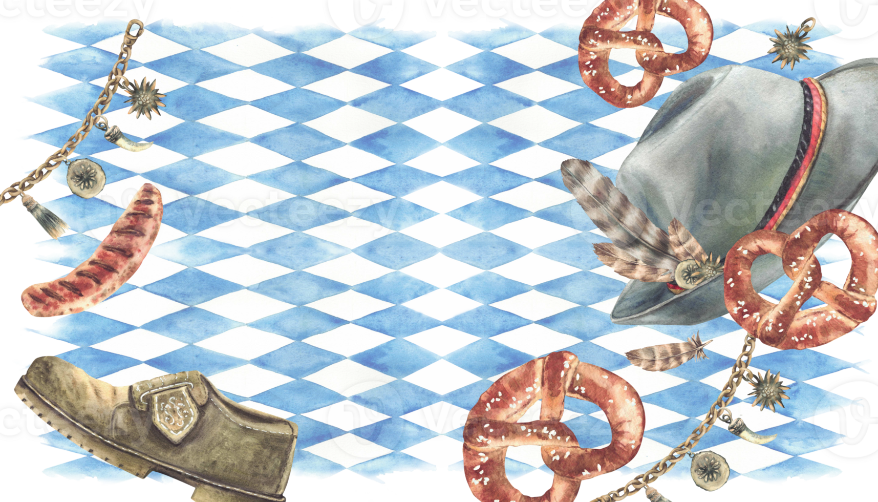 Oktoberfest template. Traditional beer festival national costume. Charivari, shoe and hat with German pretzel and sausage on blue rhombus Bavarian flags background. Watercolor painted Isolated clipart png