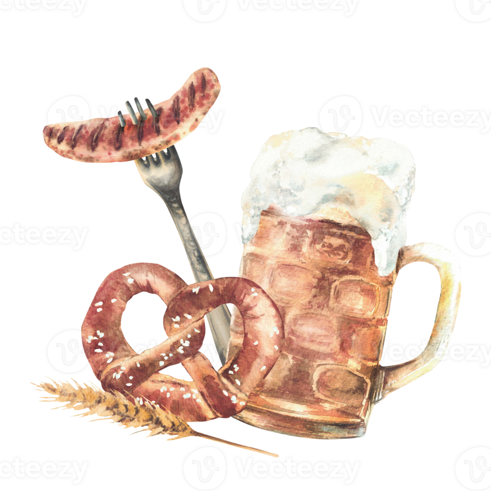 Watercolor Mug of Beer with pretzel and sausage on fork. Drink and food at Bavarian festival. Hand drawn illustration. Germany traditional eat for card, menu, sticker isolated from background clipart. png