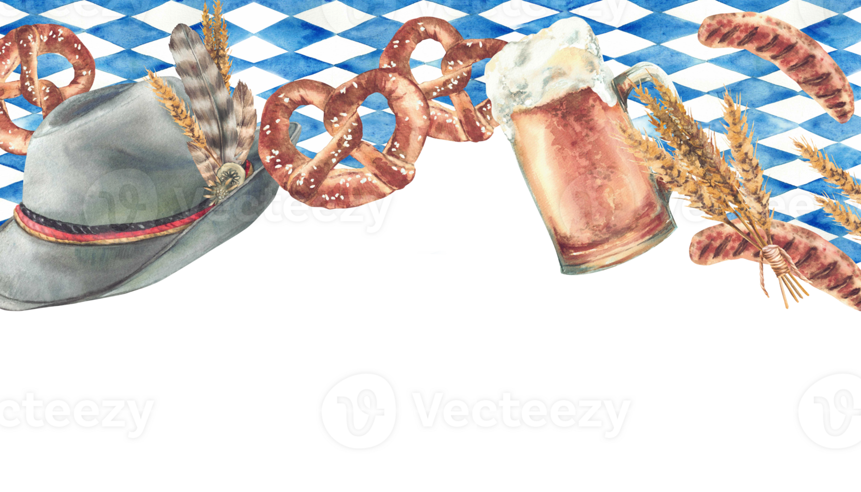 Oktoberfest frame. Pint of Beer with pretzel, sausage and spikes of malt. Germany traditional hat on blue rhombus Bavarian flags background. Watercolor painted Isolated clipart for card, banner, menu png
