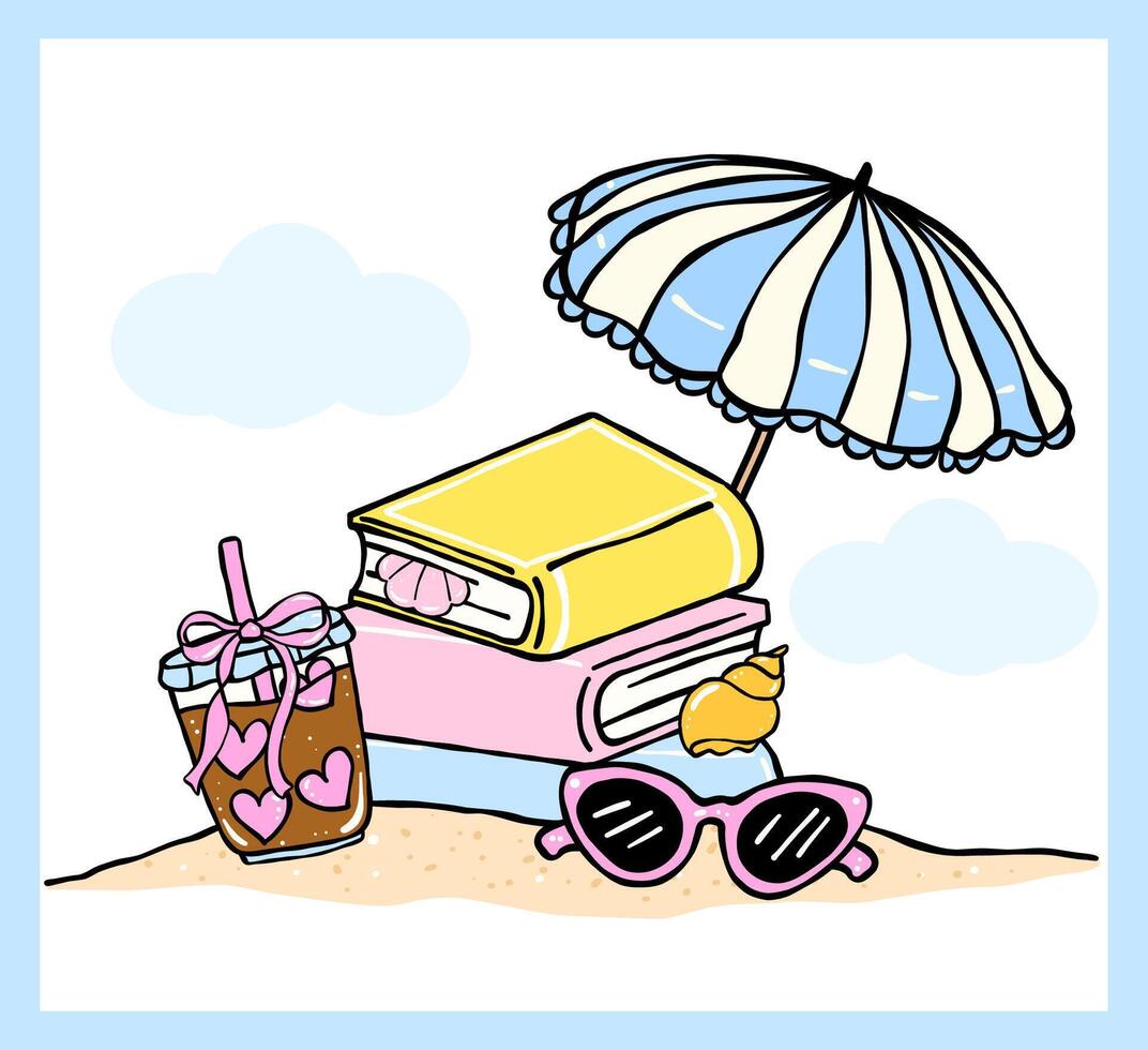 Beach scene with books and drinks vector