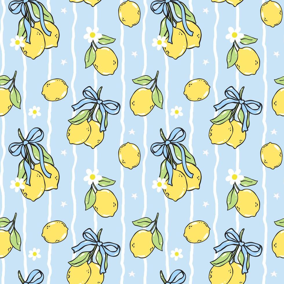 Coquette girly lemons seamless pattern with blue ribbon bow in hand drawn on stripe background for summer kitchen decor or digital fabric paper vector