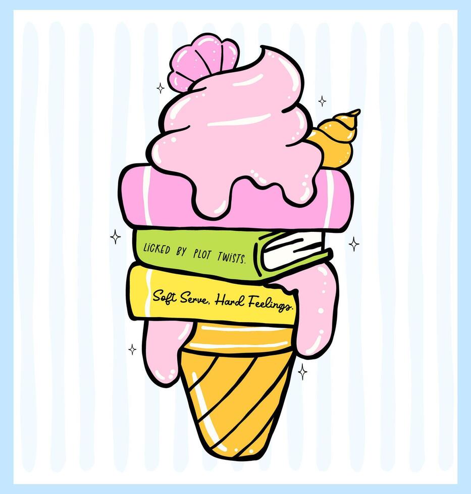 Pastel Coquette Girly Summer Bookish, books in melted ice cream cone, Hand Drawn Doodle. vector
