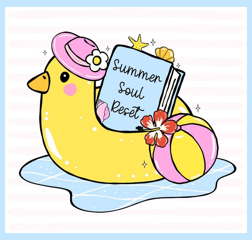 Pastel Coquette Girly Summer beach Bookish, book on Duck floating, Hand Drawn Doodle with Bold Lines. vector