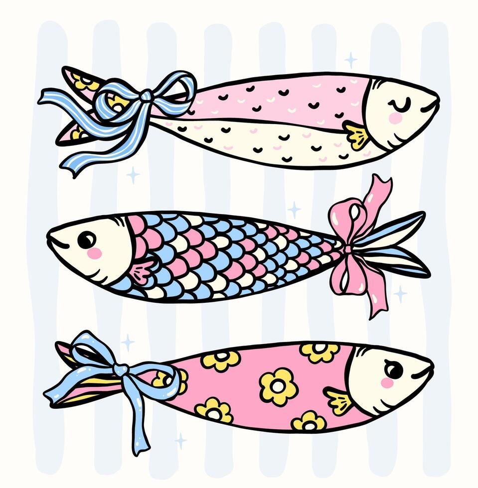 Colorful cartoon fish with bows vector