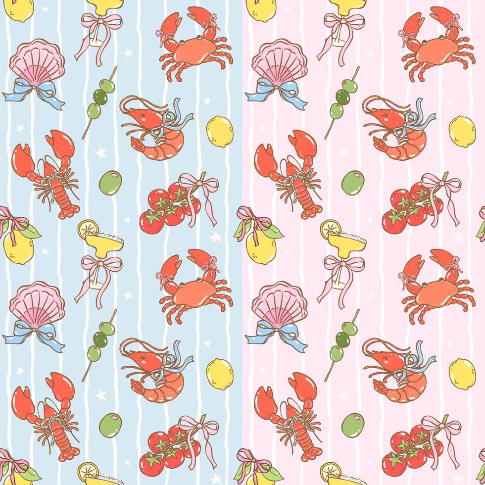 Cute coquette fisherman aesthetic seamless pattern with lobster, crab, olives and drink on white stripes in italian amalfi summer style for fabric or digital paper vector
