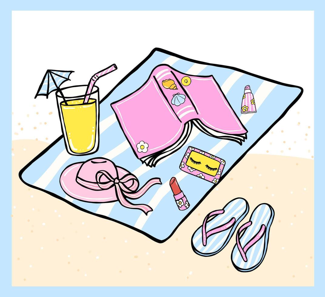 Pastel Coquette Girly Summer Beach Bookish, Book Reading lover on beach, Hand Drawn Doodle with Bold Lines in Vibrant Pastel Fisherman Aesthetic vector