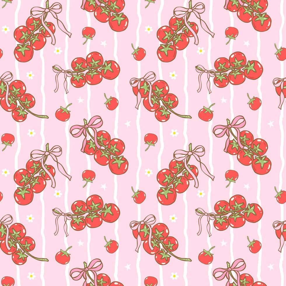 Coquette girly tomato bunch seamless pattern with ribbon bow in hand drawn for summer kitchen fabric, digital paper and foodie aesthetic decor vector