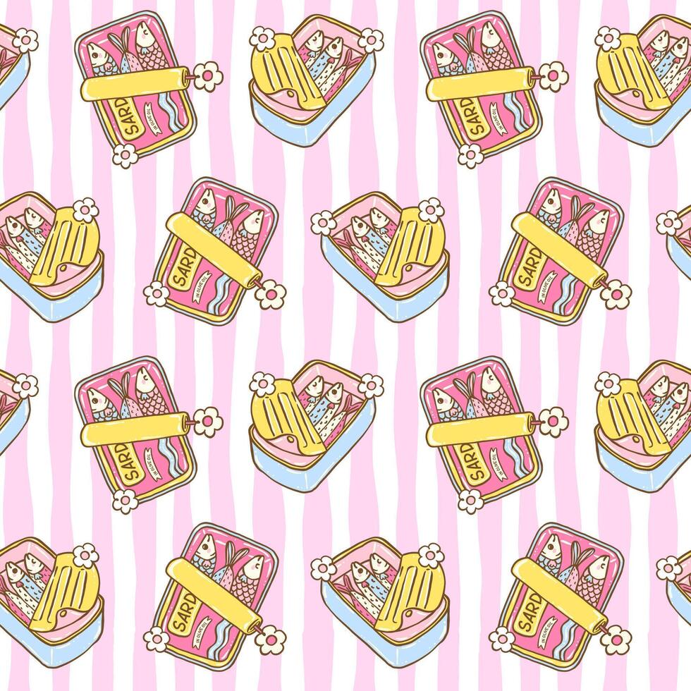 Retro coquette sardines in tin can seamless pattern with pastel girly summer fisherman aesthetic on striped background for fabric or digital paper vector