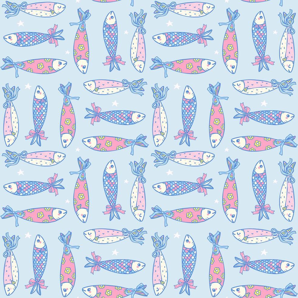 Cute girly sardine with bow seamless pattern on blue background in hand drawn coquette fisherman aesthetic for fabric, digital paper, and kitchen decor vector