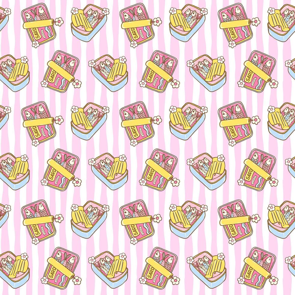Cute coquette sardines in tin can seamless pattern with pastel girly summer fisherman aesthetic on striped background for fabric or digital paper vector