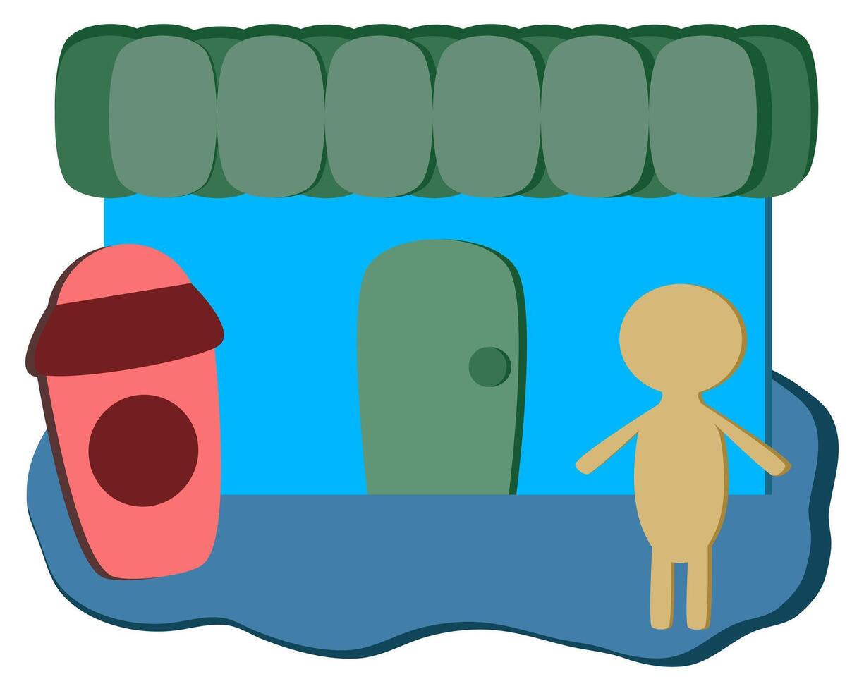 Flat cartoon style coffee shop with human figure and takeaway cup. vector