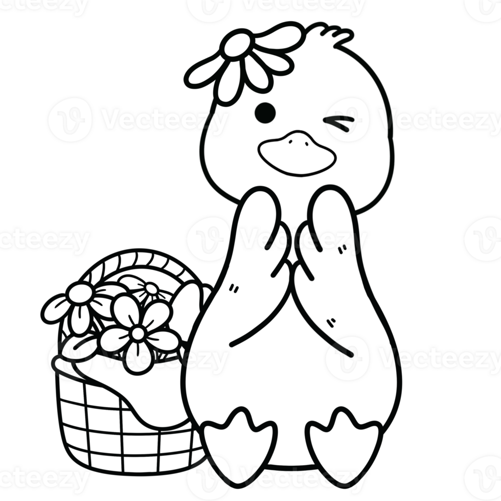 Smiling duck with a flower on its head next to a basket of flowers in black line art png