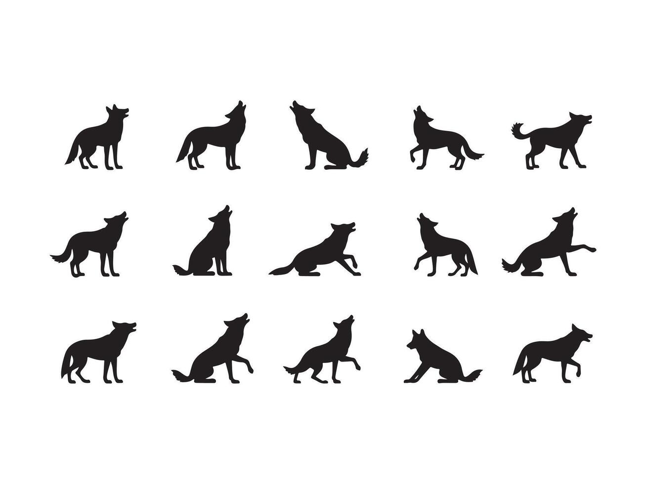 Collection of black wolf silhouettes displaying various poses and howling on a white background vector