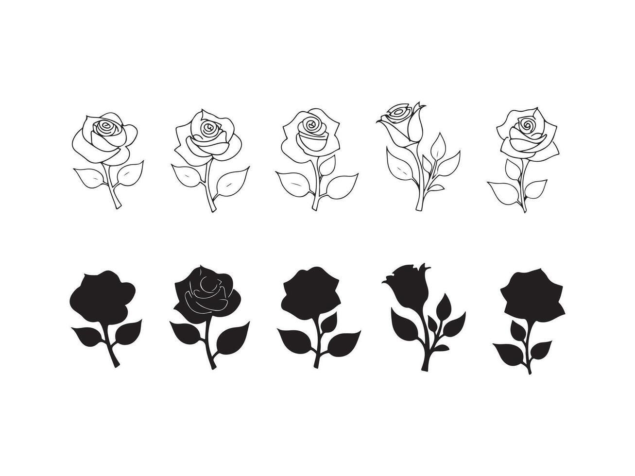 Collection of elegant hand drawn rose illustrations in outlined and silhouette styles for design vector