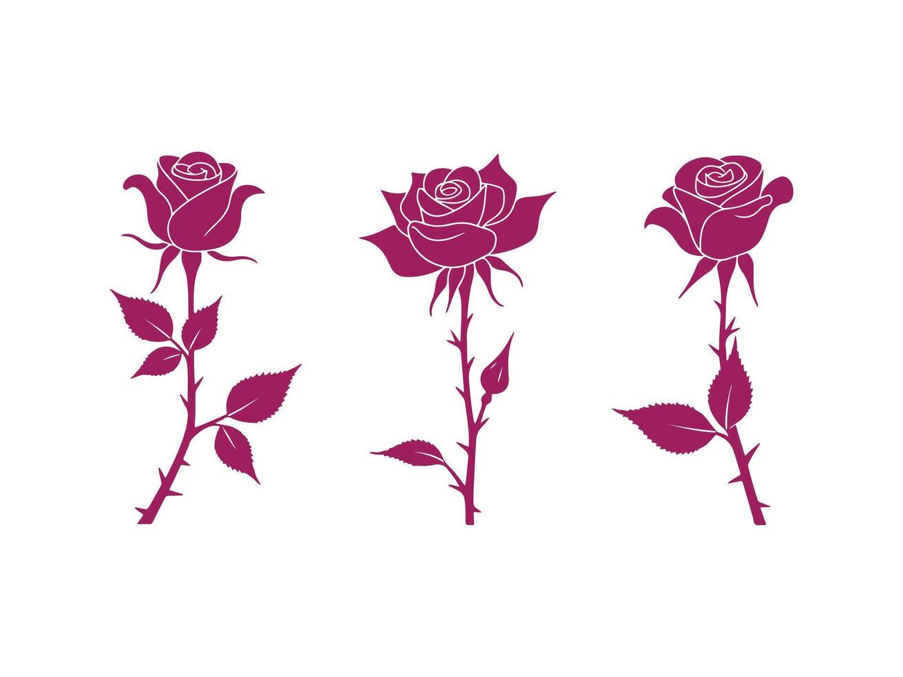 Three elegant silhouetted roses in deep pink illustrating floral beauty and romantic aesthetics vector