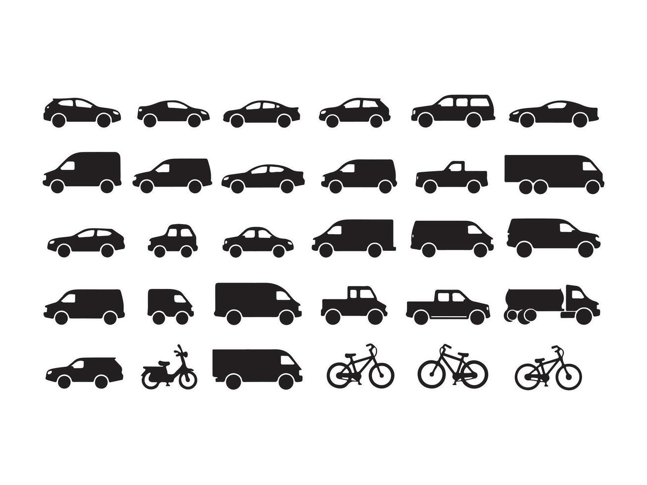 Collection of various black vehicle silhouettes including cars trucks vans motorcycles and bicycles vector