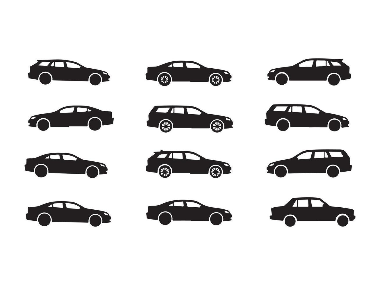 Set of black car silhouettes including sedan and wagon car designs on white background vector
