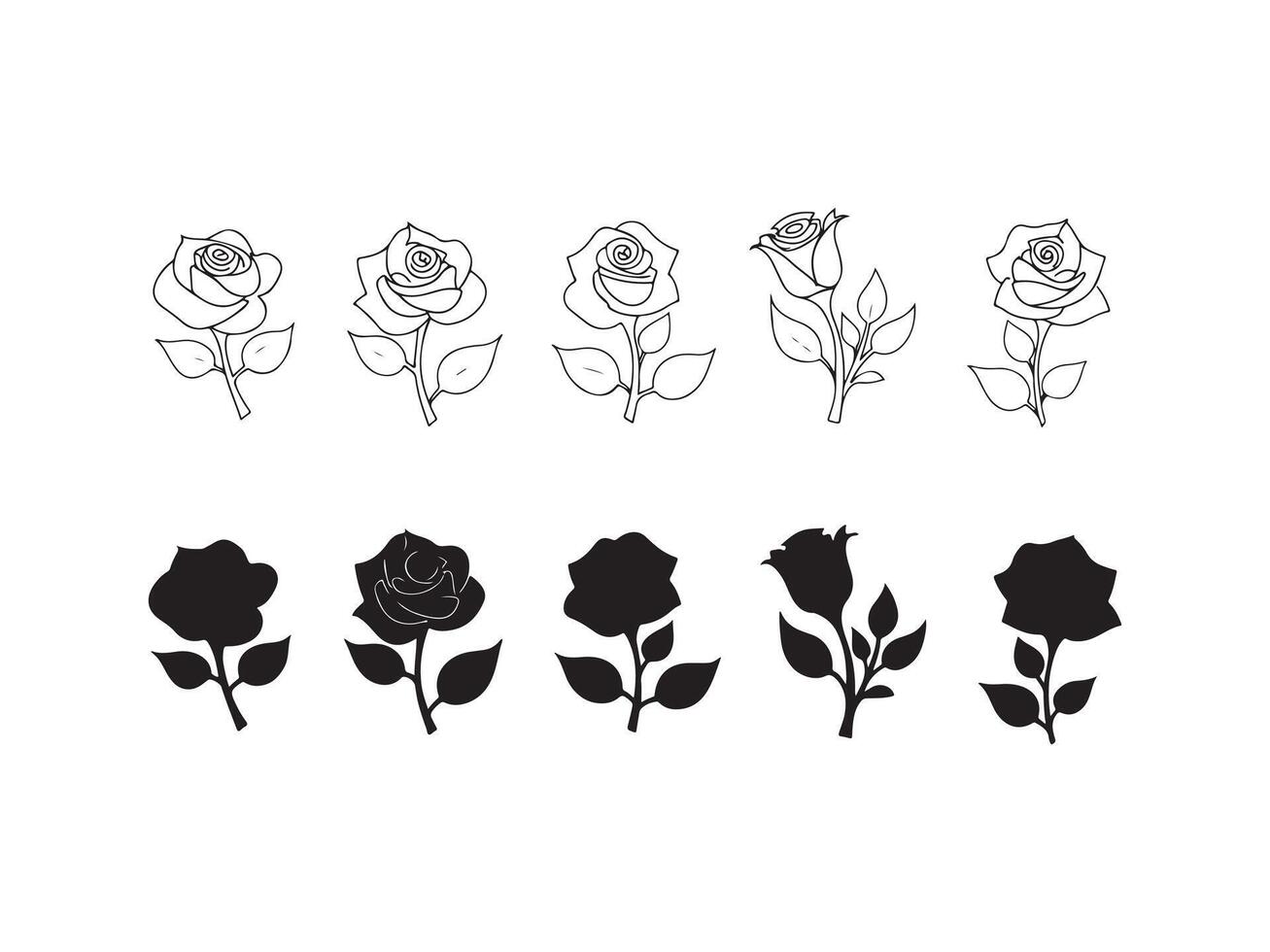 Elegant black and white rose designs outline and silhouette floral elements vector